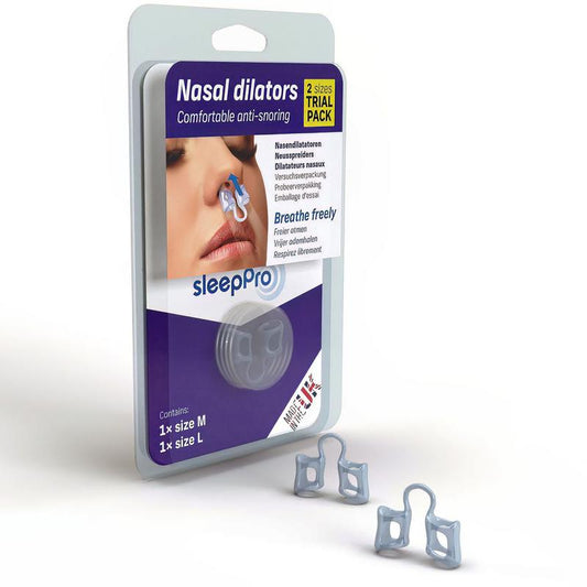 SleepPro Neusspreider inhalator in M/L sizes, showing two nasal care devices for improved breathing and nasal hygiene.