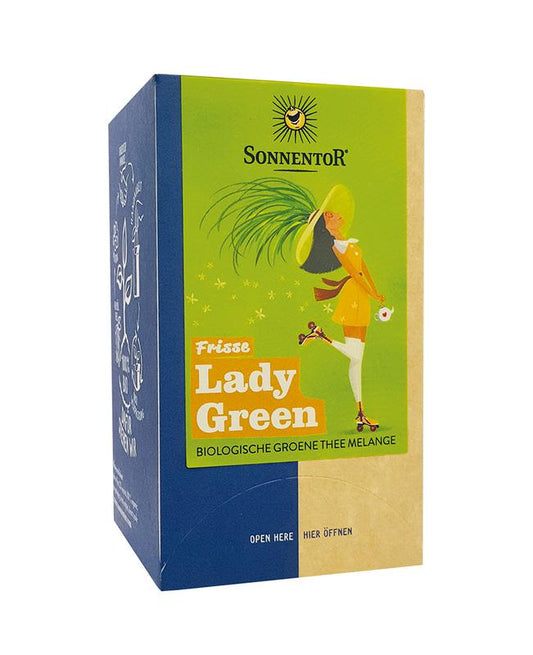 Sonnentor Frisse Lady Green Tea bio in 18 tea bags, fresh green tea leaves in a package, natural and organic tea product.