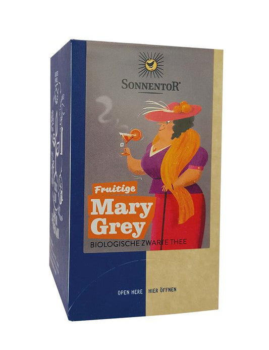 Organic Sonnentor fruity Mary Grey tea in a box, 18 tea bags, with dried fruit and floral notes visible in the packaging.
