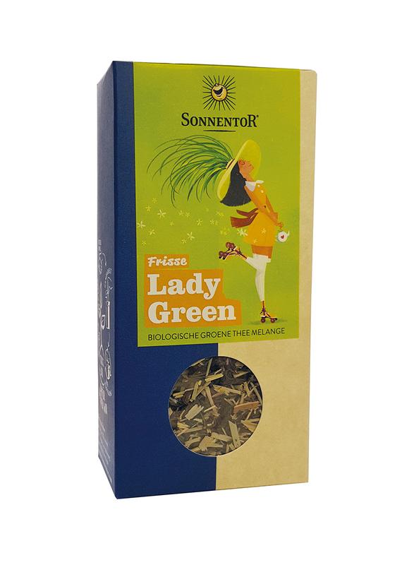 Sonnentor Frisse Lady Green Tea loose leaf in 90g package, fresh organic green tea with vibrant leaves and natural aroma.