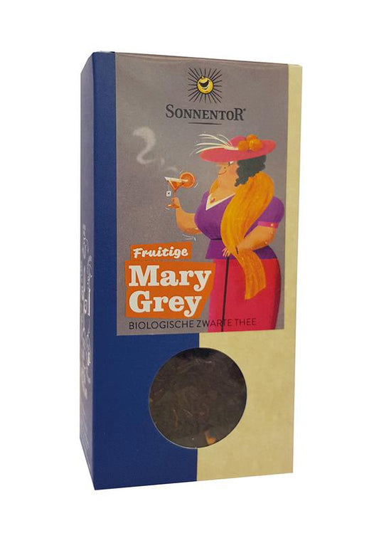 Sonnentor organic fruity earl grey tea in 90g package, featuring loose tea leaves with dried fruit pieces.