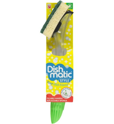 Dishmatic kitchen dish brush with dispenser, featuring a sponge and handle for easy dishwashing.