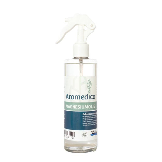 Aromedica Magnesium oil spray bottle for body care, 300ml, with a white spray nozzle and minimalist packaging design.