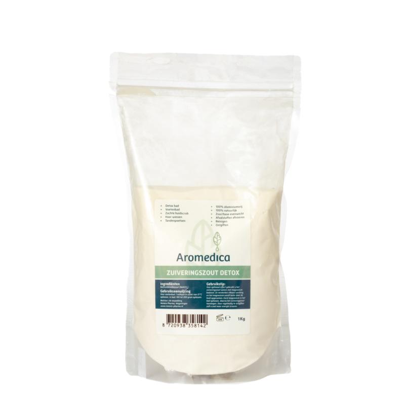 Aromedica Zuiveringszout 1kg in a container, suitable for bath and shower use, natural mineral baking soda.