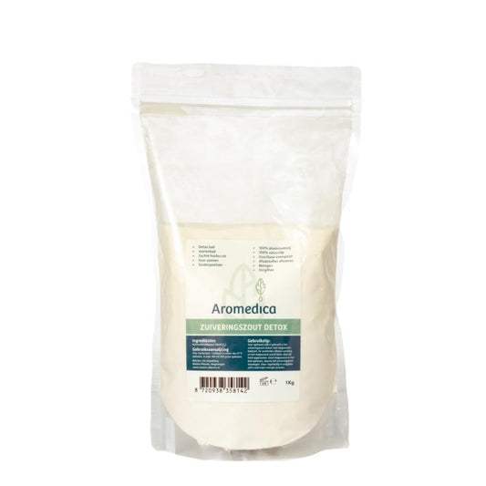 Aromedica Zuiveringszout 1kg in a white plastic bag, used for bath and shower purposes, natural cleaning and relaxing routines.