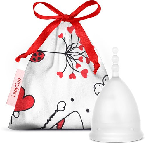 Ladycup menstrual cup in size S, pure love edition, made for women's hygiene, shown in the image.