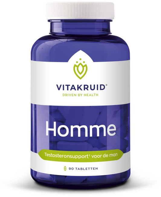 Bottle of Vitakruid Homme OA multi-vitamin tablets with Ashwagandha, Fenegriek, Shilajit, and Damiana supplements, 90 tablets.