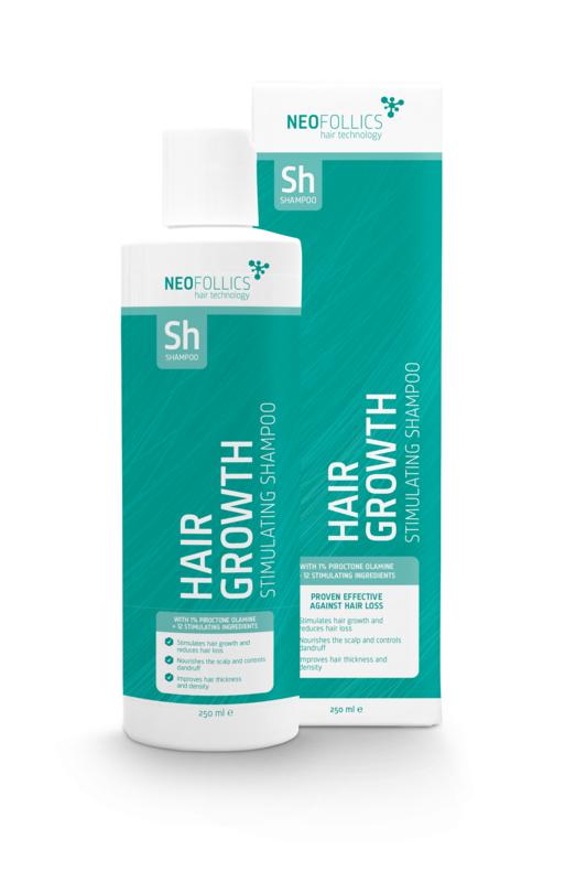 Neofollics hair growth stimulating shampoo bottle, 250ml, for hair care and scalp health, with the product label visible.