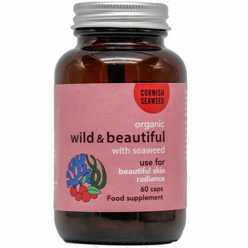 Cornish Seaweed Wild & Beautiful bio capsules, dietary supplement with seaweed capsules in a clear jar, natural health product.