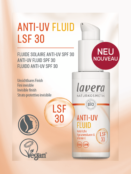 Lavera Anti UV SPF30 sun protection fluid in a sample pack, featuring lightweight sunscreen for outdoor skin protection.