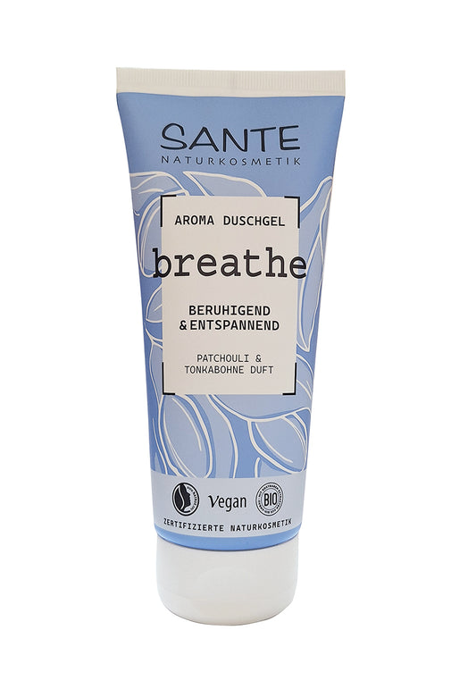 Sante Showergel Breathe 200ml, a relaxing body and shower gel with fresh scent, shown in a clear bottle with blue accents.