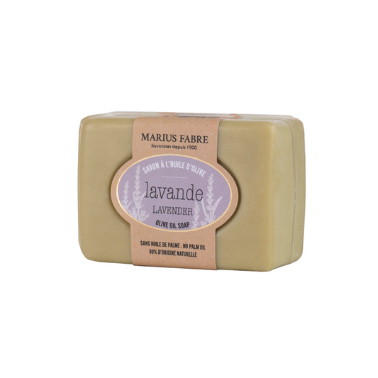 Lavender soap bar by Marius Fabre, 100g, showcasing the rectangular soap with lavender scent and packaging.