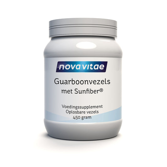 Nova Vitae Guarboonvezels Sunfiber AG dietary fibers and enzymes in a 450g package, shown in the product image.