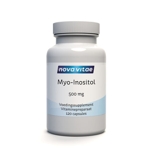 Nova Vitae Myo-inositol capsules, dietary supplement, 120 count, with white capsules displayed in a clear container.