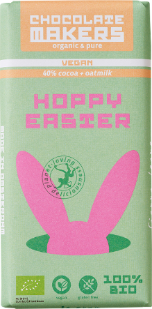 Chocolatemakers Hoppy Easter vegan chocolate bar with 80g, featuring a colorful Easter-themed packaging and chocolate pieces.