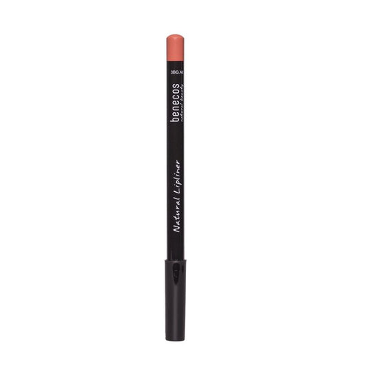 Benecos Natural Beauty lipliner in sandalwood, natural make-up product, close-up of the lipliner pencil with branding.