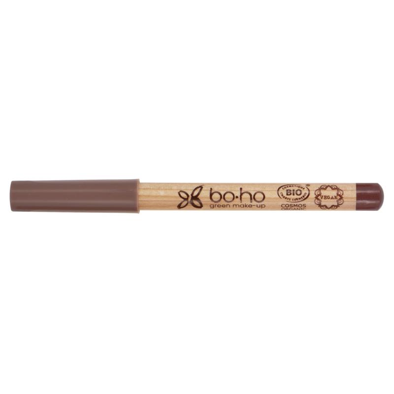 Boho green makeup brown lip pencil for lip care, showing the pencil with its natural finish and packaging.
