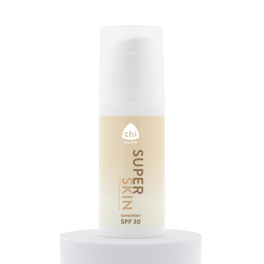 Chi Superskin Sunscreen SPF30 bottle showing the product label and packaging for sun protection in a 100ml container.