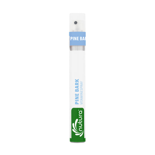 Nutura Vitaminesprays Pine Bark Vitaminespray in a 14.40 ml bottle, a dietary supplement with pine bark extract for health support.