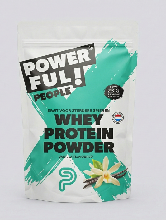 Powerful People Vanille proteïnepoeder in 330g container, sportvoeding supplement with vanilla flavor and sturdy packaging.