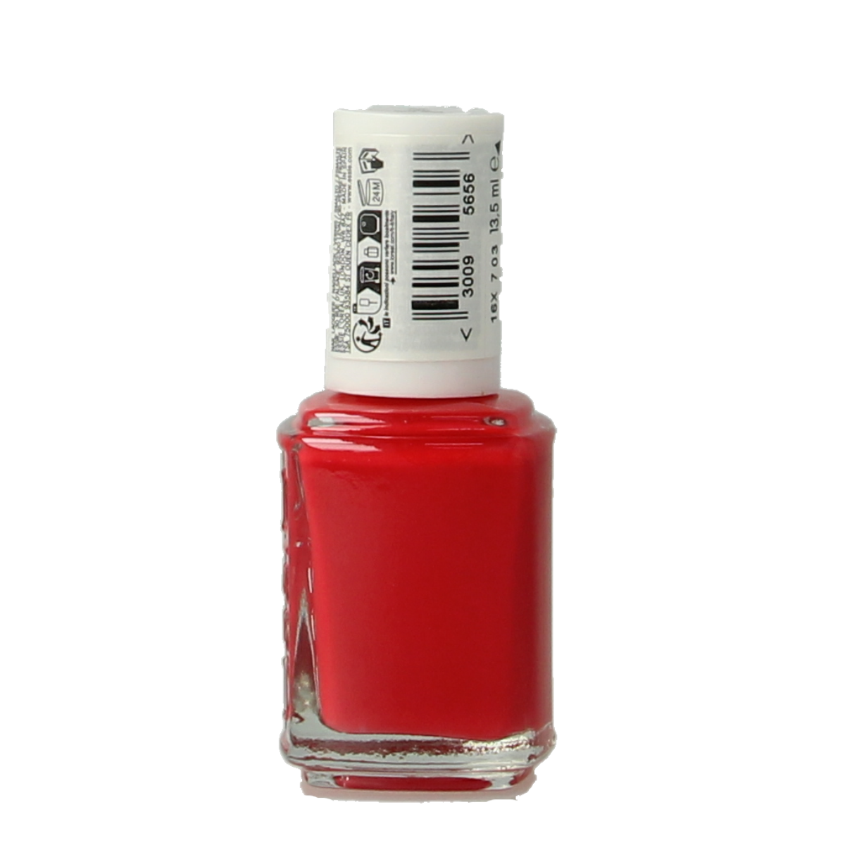Essie Too Too Hot nail polish bottle in 13.5ml, vibrant orange-red make-up product with a black cap.