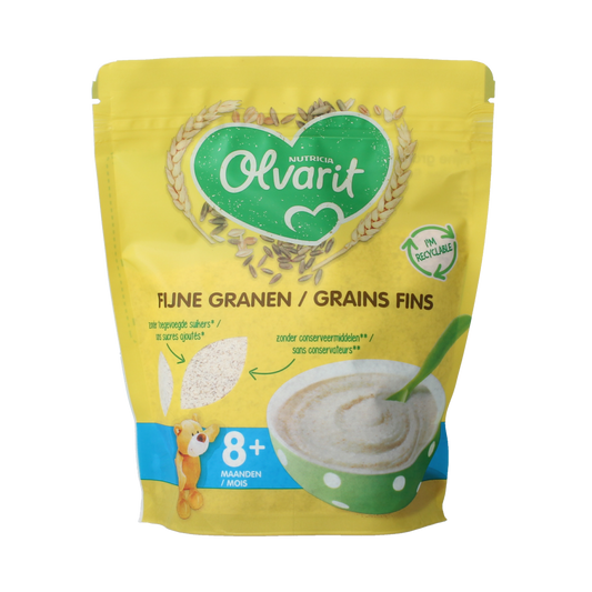 Olvarit baby breakfast cereal with fine grains in 200g pack, suitable for babies 8 months and older.