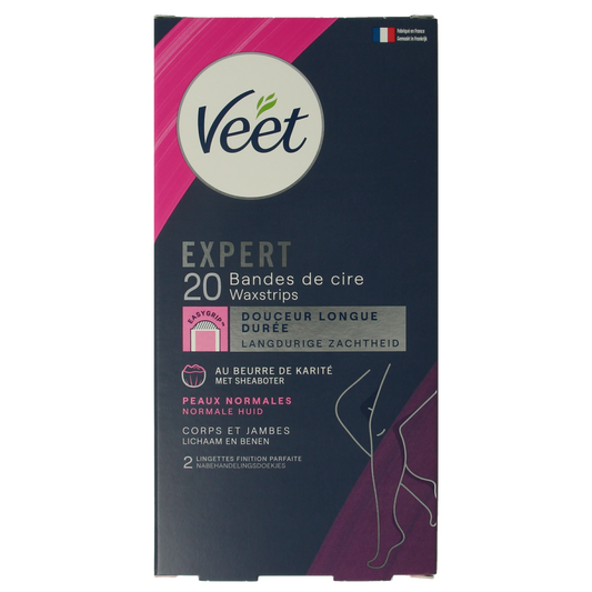 Veet Expert koude waxstrips voor benen, 20 stuks, geschikt voor scheren en ontharen, zichtbaar in de afbeelding.