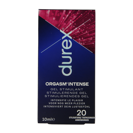 Durex Orgasm intense gel in 10ml tube, a personal lubricant for enhanced pleasure, with the Durex brand logo visible on the packaging.