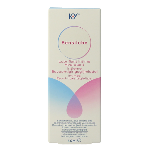 Durex Sensilube lubricant bottle with 40ml capacity, transparent liquid, and Durex branding on the label.