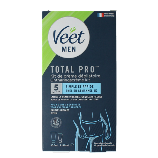 Veet Men hair removal kit for intimate body parts, 150ml, includes shaving and hair removal tools for men.