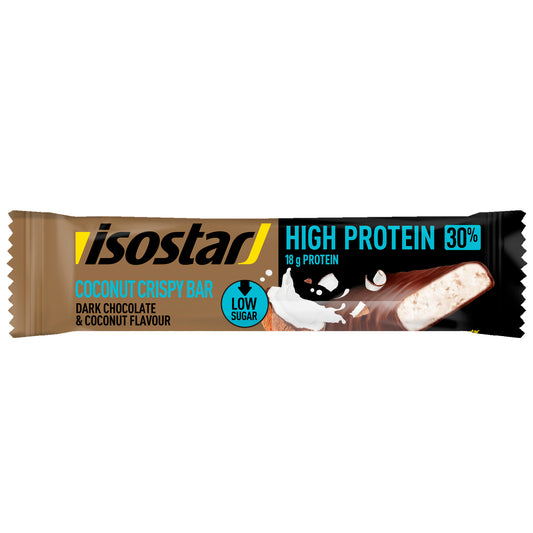 Isostar High Protein 30 Bar Coconut Crispy sports nutrition bar, showing the packaged snack with coconut flavor and crispy texture