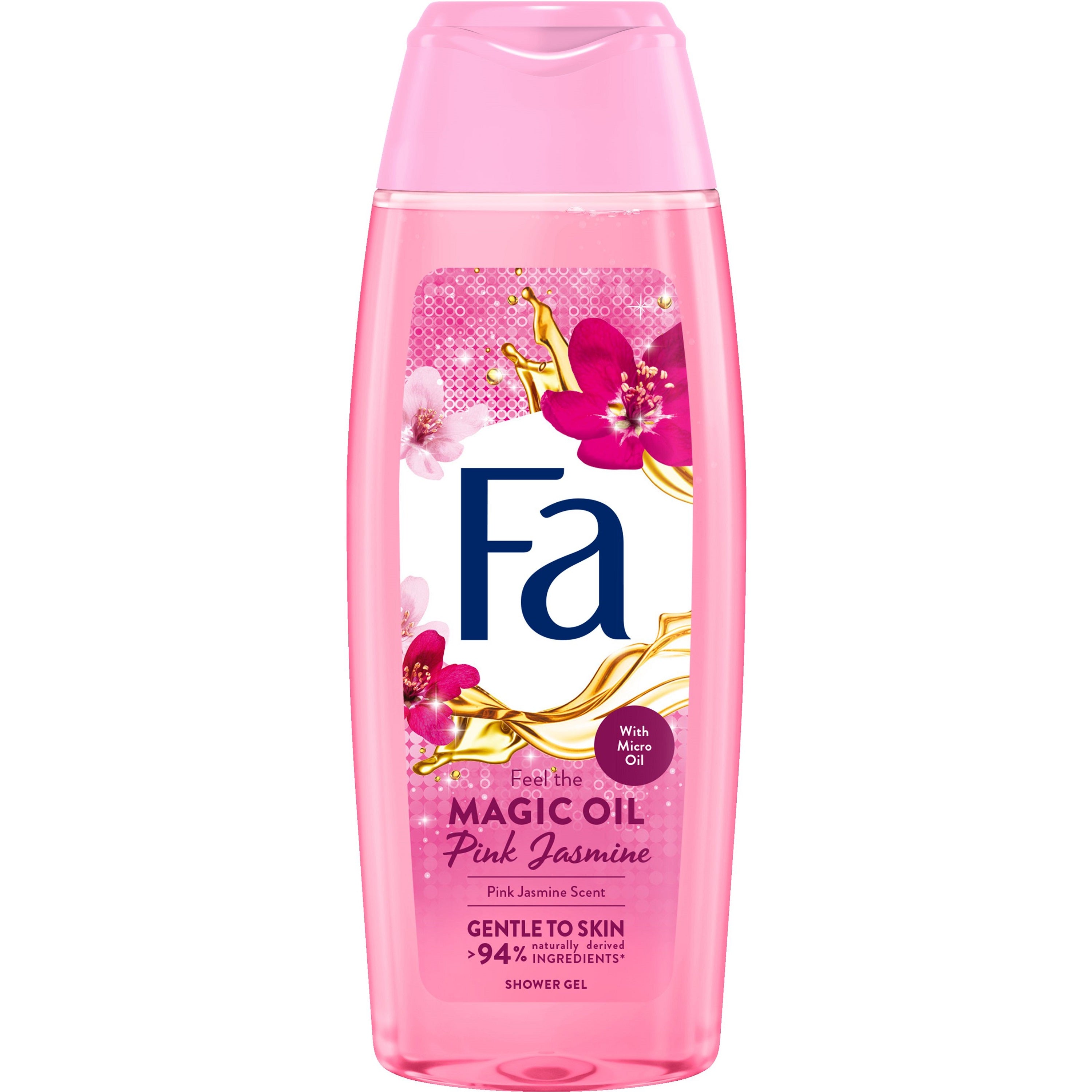 FA Magic Oil Pink Jasmine shower gel in a 250ml bottle, featuring a pink jasmine fragrance and sleek white packaging.