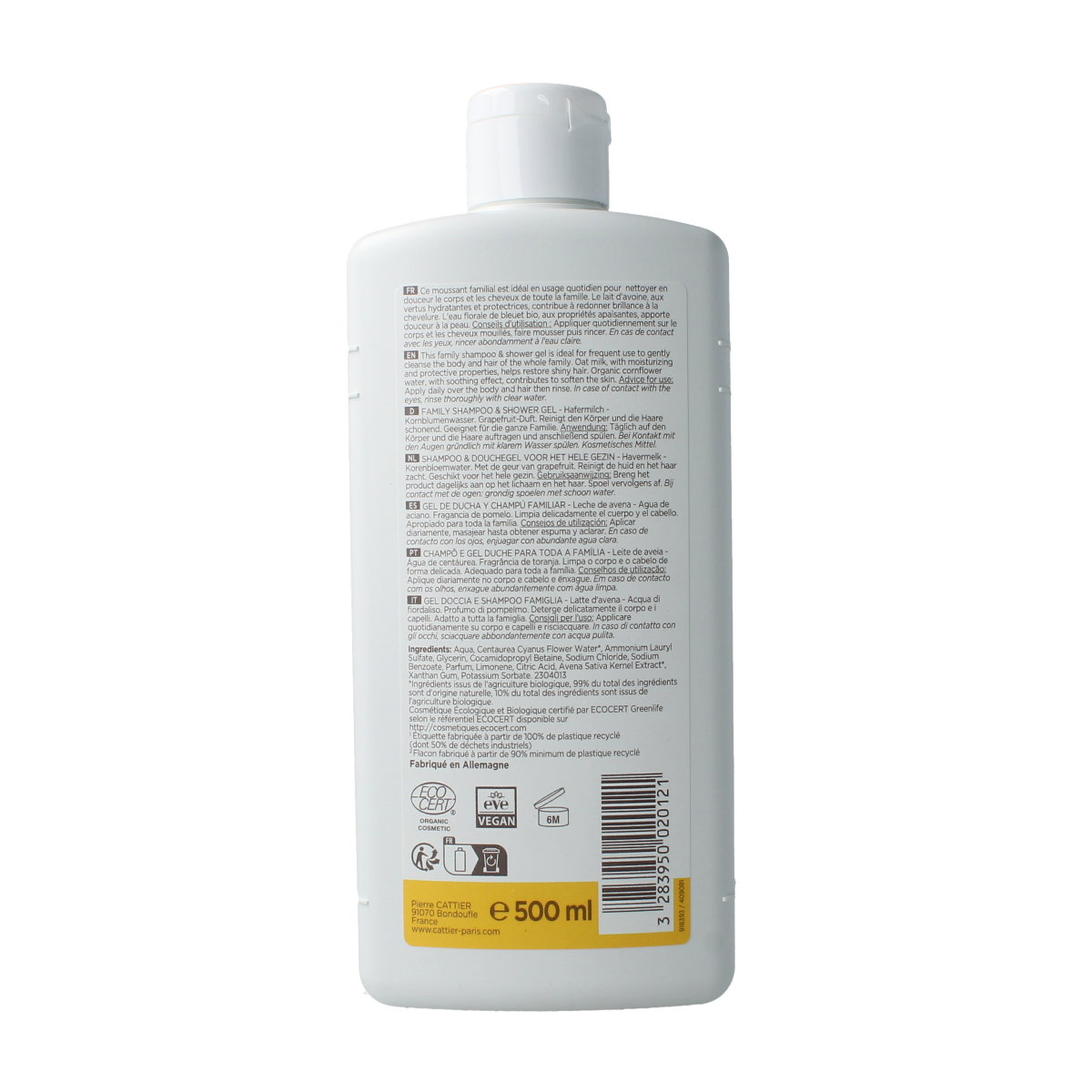 Cattier Family shampoo and shower gel bottle, 500ml, gentle bad and shower product with natural ingredients.