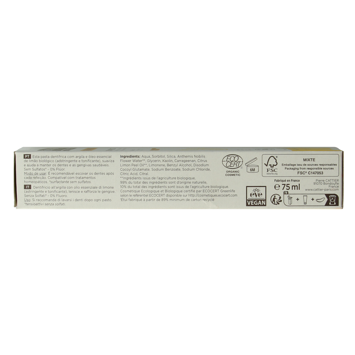Cattier lemon toothpaste tube, 75ml, with a bright yellow lemon design and white toothpaste visible inside the open tube.