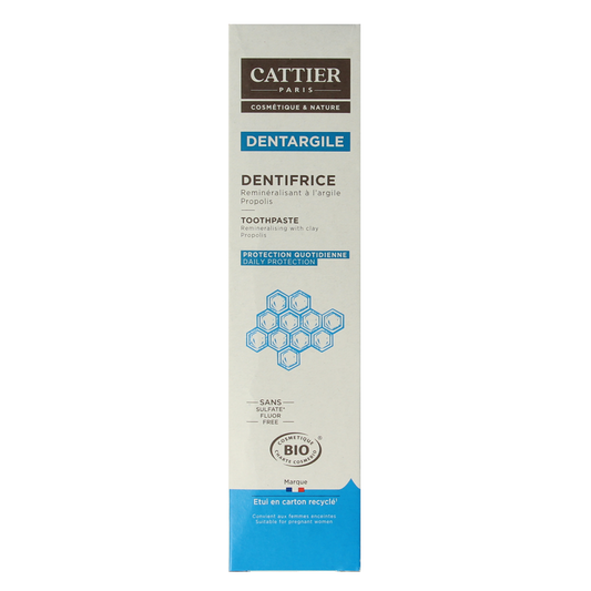 Cattier Propolis toothpaste tube showing the 75ml size with a green and white label, featuring natural ingredients and brand logo.