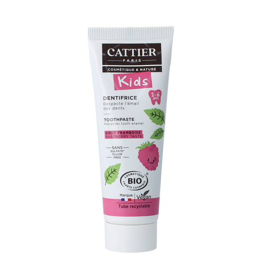 Cattier raspberry toothpaste for children aged 2-6, 50ml tube, gentle dental care with natural ingredients for kids.