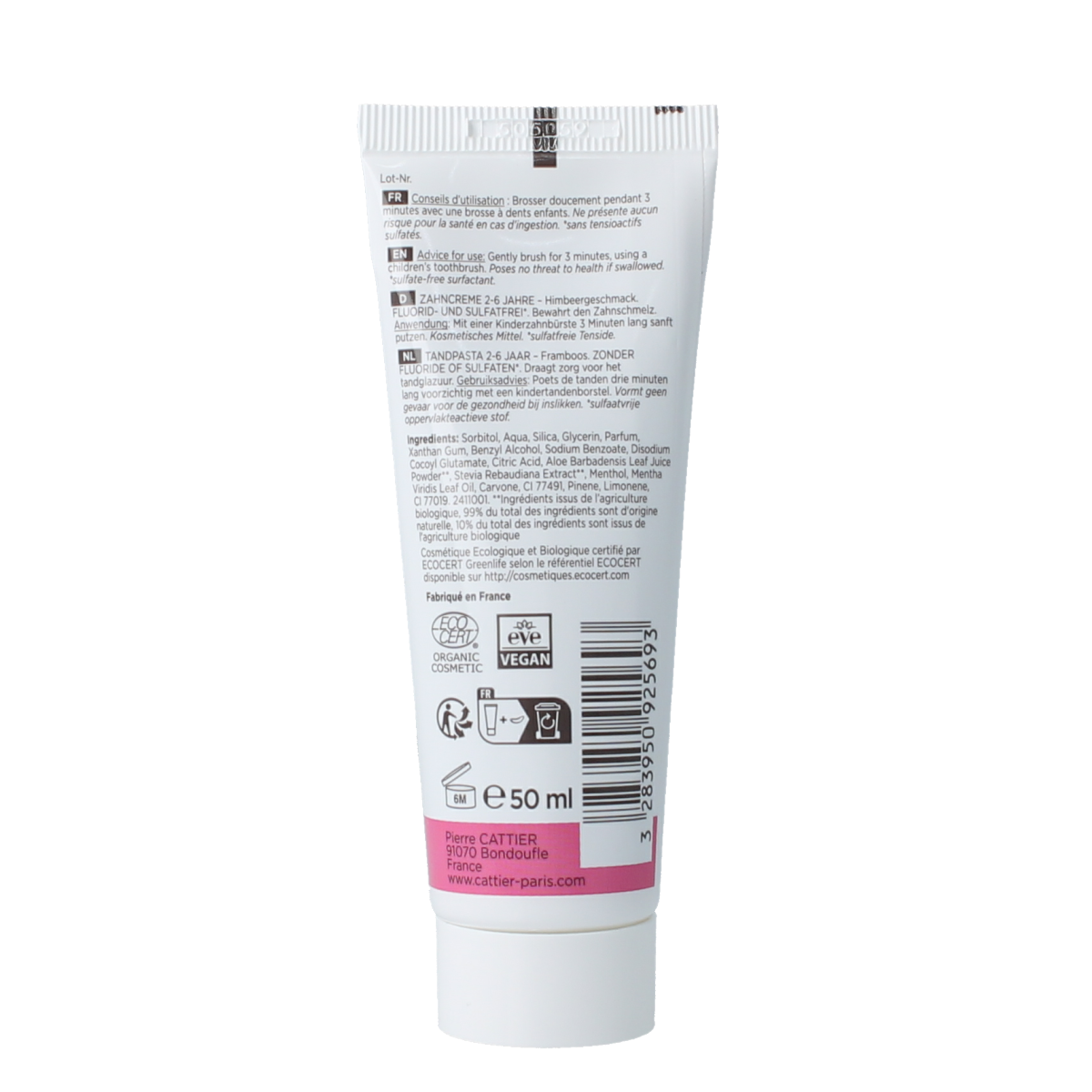 Cattier raspberry-flavored toothpaste for children aged 2-6, 50ml tube with a child-friendly design and raspberry imagery.