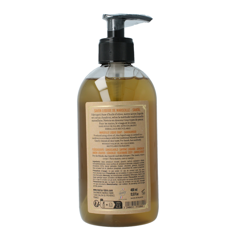 Marius Fabre Zeep sandelhout with pomp in 400ml bottle, natural soap with sandalwood scent, displayed with pump dispenser.