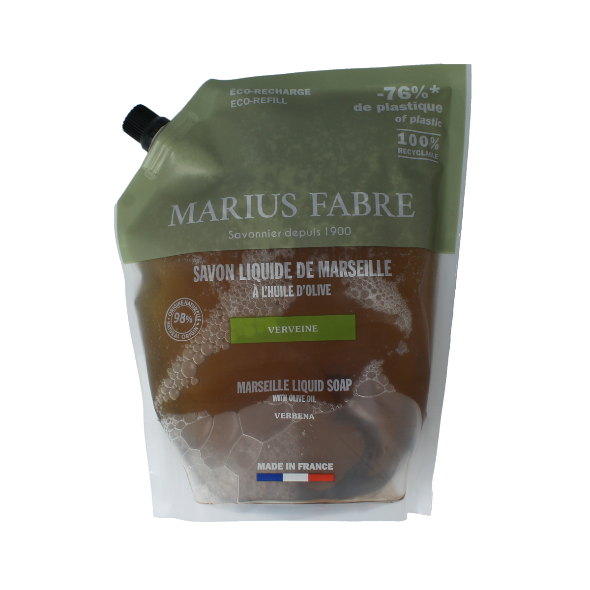Marius Fabre verbena soap refill bottle, 1 liter, natural liquid soap with fresh verbena scent, in a clear plastic container