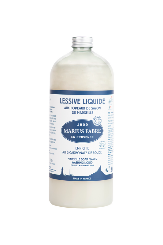 Marius Fabre Savon Marseille zeepvlokwasmiddel met zuiveringszout in 1 liter bottle, natural cleaning product for laundry.