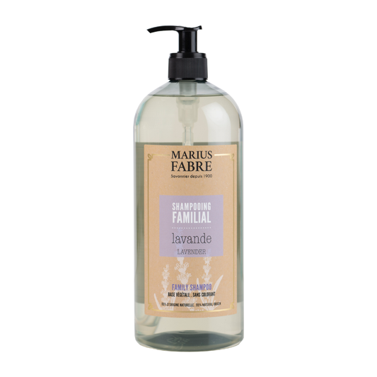 Marius Fabre lavender shampoo bottle, 1 liter, natural hair care product with lavender scent for gentle cleansing and hair nourishment.