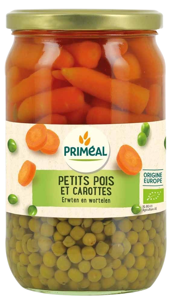 Primeal organic pea and carrot mix in 660g package, fresh vegetables with vibrant green peas and orange carrots.