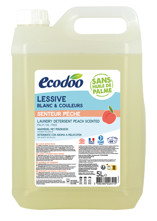 Ecodoo concentrated bio peach laundry detergent in a 5-liter bottle, eco-friendly wasmiddelen with natural fruit scent