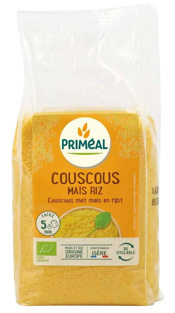 Primeal organic couscous and maize rice in 500g package, showing the pasta and rice product with colorful packaging.