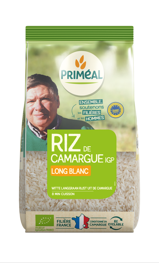 Primeal Witte Langgraan Rijst Camargue Bio, 1 kg, natural white rice with long grains in a packaging image