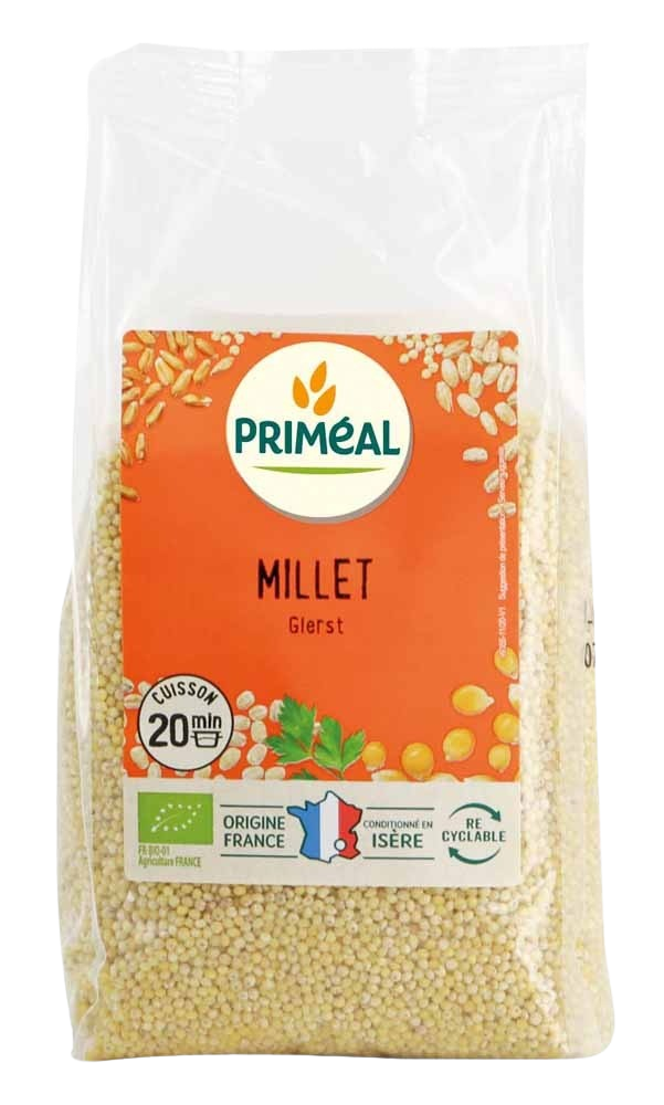 Organic French millet breakfast grains by Primeal, 500 grams, showing the packaged millet in a clear view.