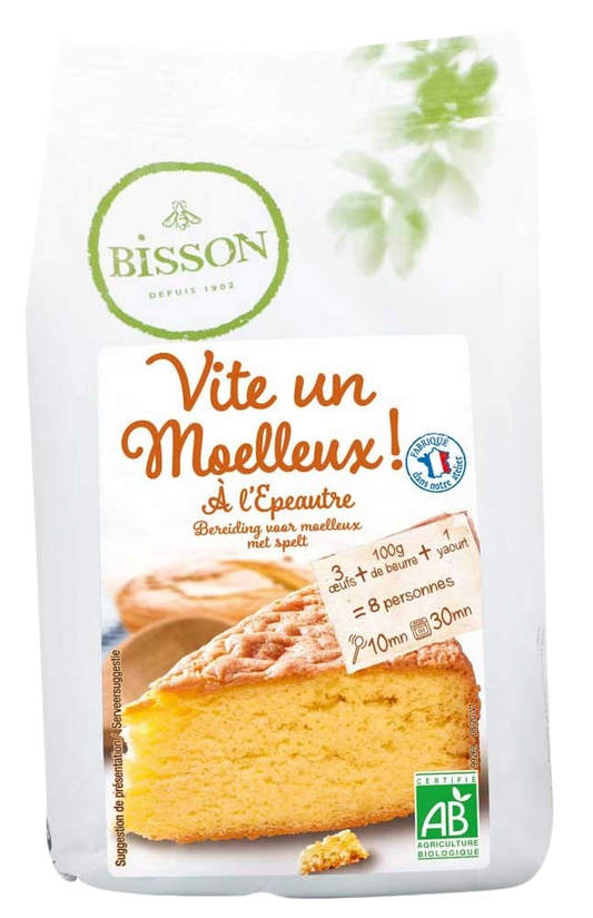 Bisson bio speltcake baking mix in 300g package, natural flour blend for homemade spelt cakes.