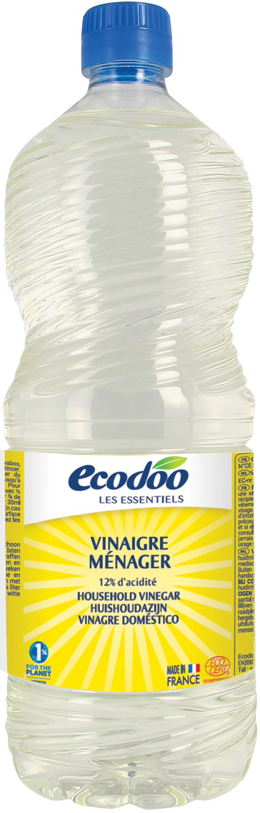 Ecodoo eco cleaning vinegar 1 liter bottle, eco-friendly cleaning product for household use, with label and cap visible.