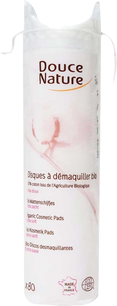 Douce Nature organic cotton facial pads, 80 pieces, soft reusable wipes for gentle skincare and facial cleansing.