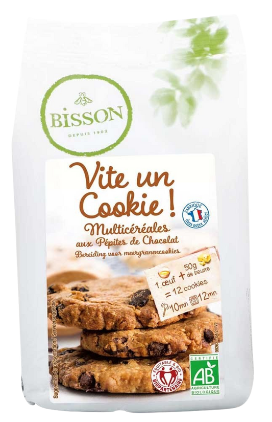 Bisson Bakmix voor meergranenkoekjes, bio, 300 gram, close-up of the package showing the product label and branding.